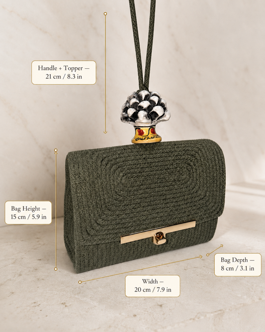 Etna Shadow · Deep Green Cotton Handbag with Black & White Caltagirone Pine Cone