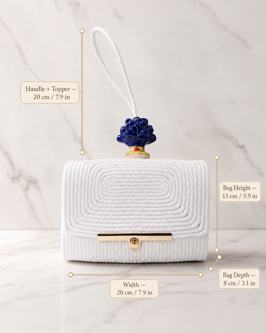 Cobalt Radiance · Ivory Cotton Handbag with Cobalt Blue Caltagirone Pine Cone