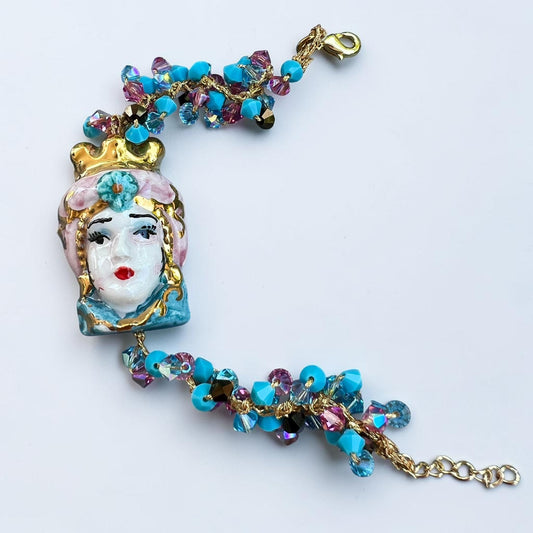 Handmade Sicilian Moor’s Head bracelet with hand-painted Caltagirone ceramic Testa di Moro and turquoise Swarovski crystals