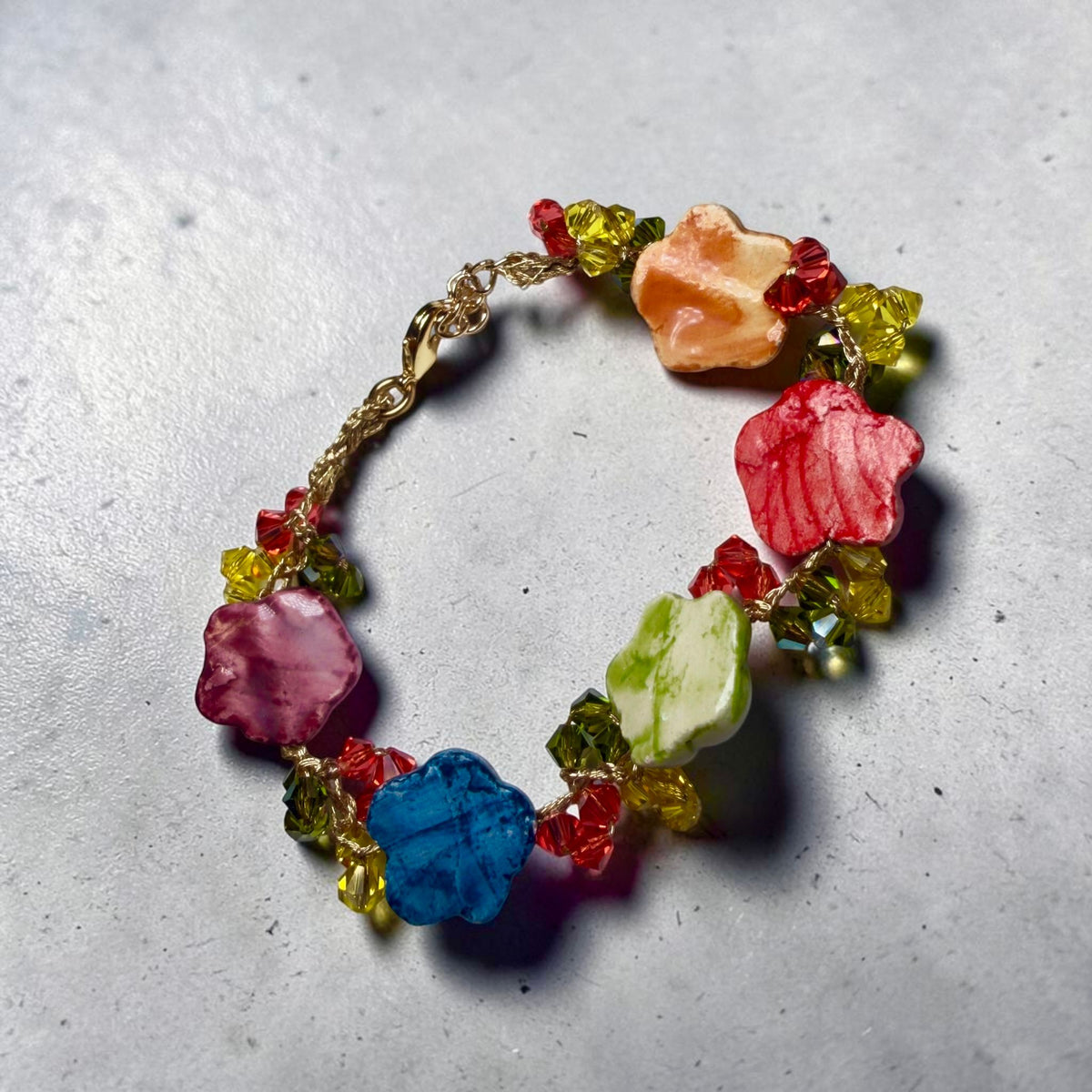 Handmade Italian ceramic flower bracelet with colorful Sicilian charms and Swarovski crystal details