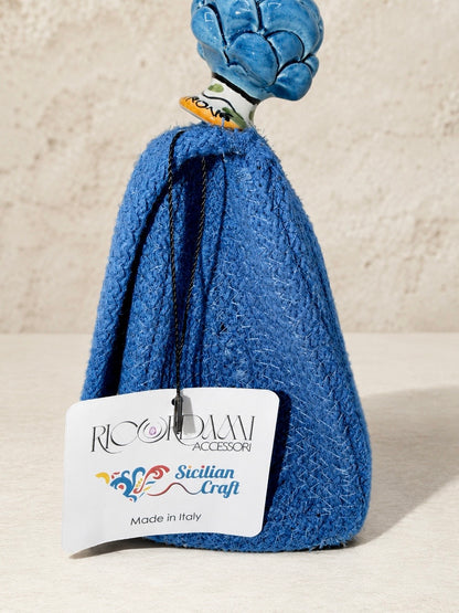 Azure Harmony · Cobalt Blue Cotton Handbag with Turquoise Caltagirone Pine Cone