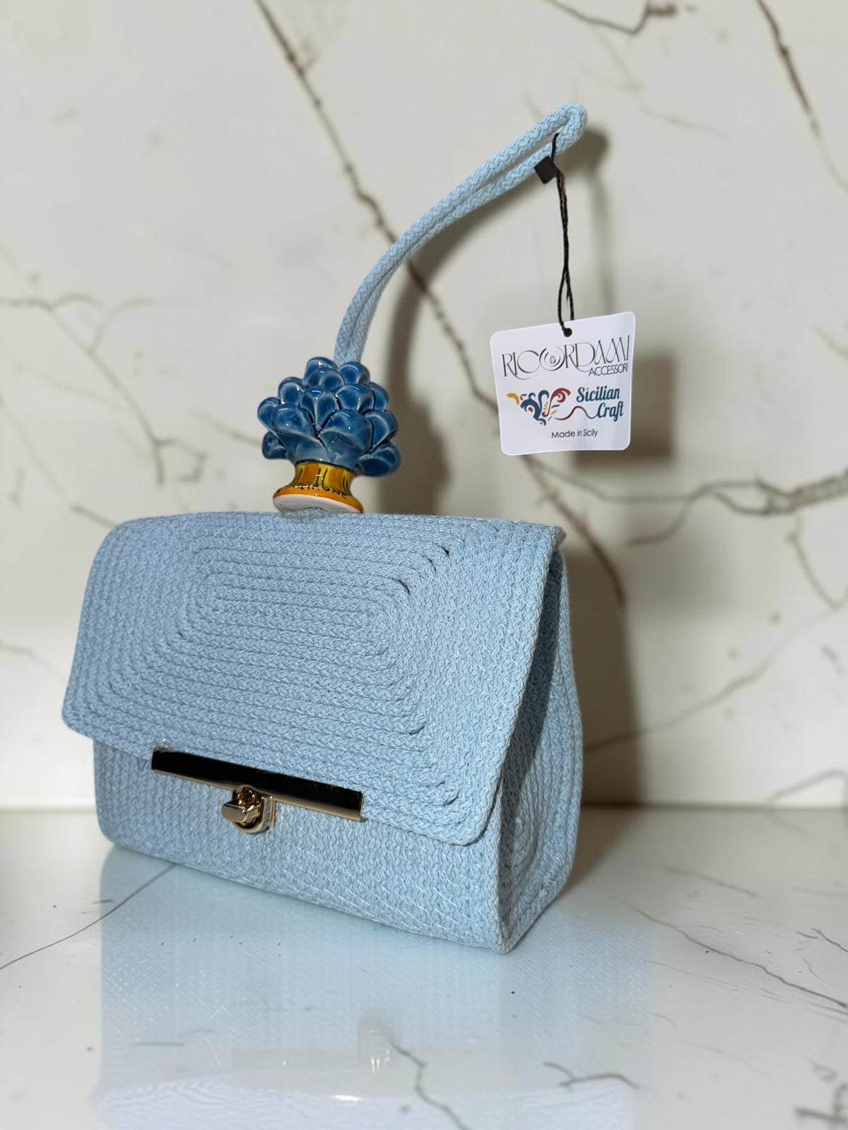 Skyline Bloom · Powder Blue Cotton Handbag with Blue Caltagirone Pine Cone