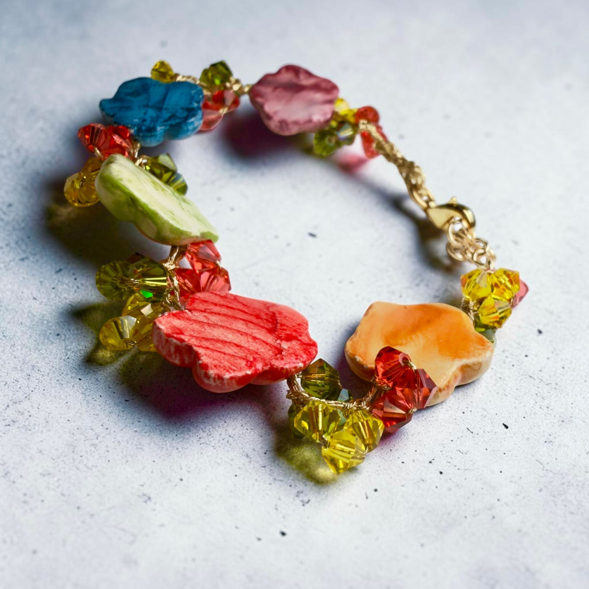 Colorful handmade Sicilian bracelet with Caltagirone ceramic flowers and sparkling Swarovski crystals