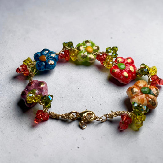 Handmade Sicilian ceramic flower bracelet with colorful Caltagirone flowers and Swarovski crystals