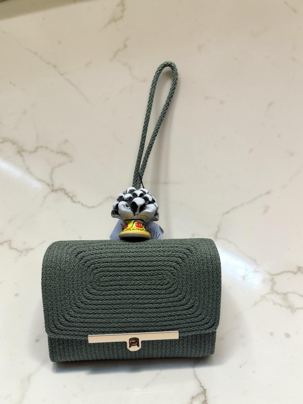 Etna Shadow · Deep Green Cotton Handbag with Black & White Caltagirone Pine Cone