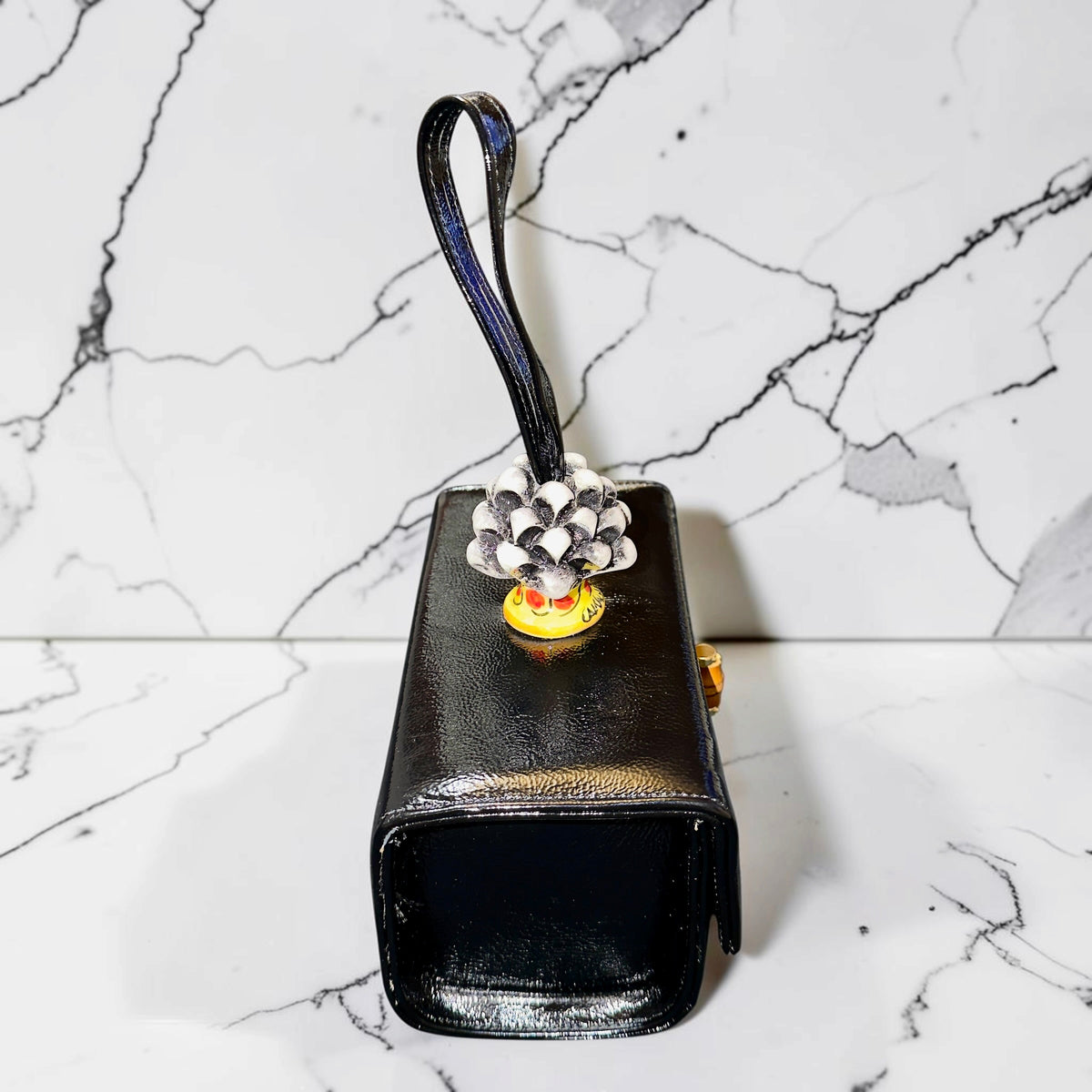 Obsidian Bloom · Caltagirone Ceramic Black Naplac Leather Handbag with Chain Strap