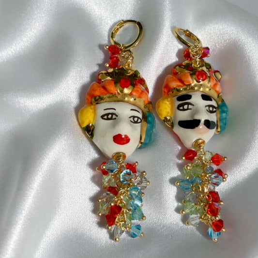 Handmade Sicilian Moor’s Head earrings in hand-painted Caltagirone ceramic with colorful Swarovski crystals