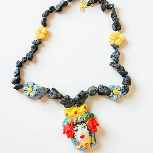Handmade Sicilian jewelry necklace with Testa di Moro ceramic pendant, Etna lava stone and hand-painted ceramic flowers