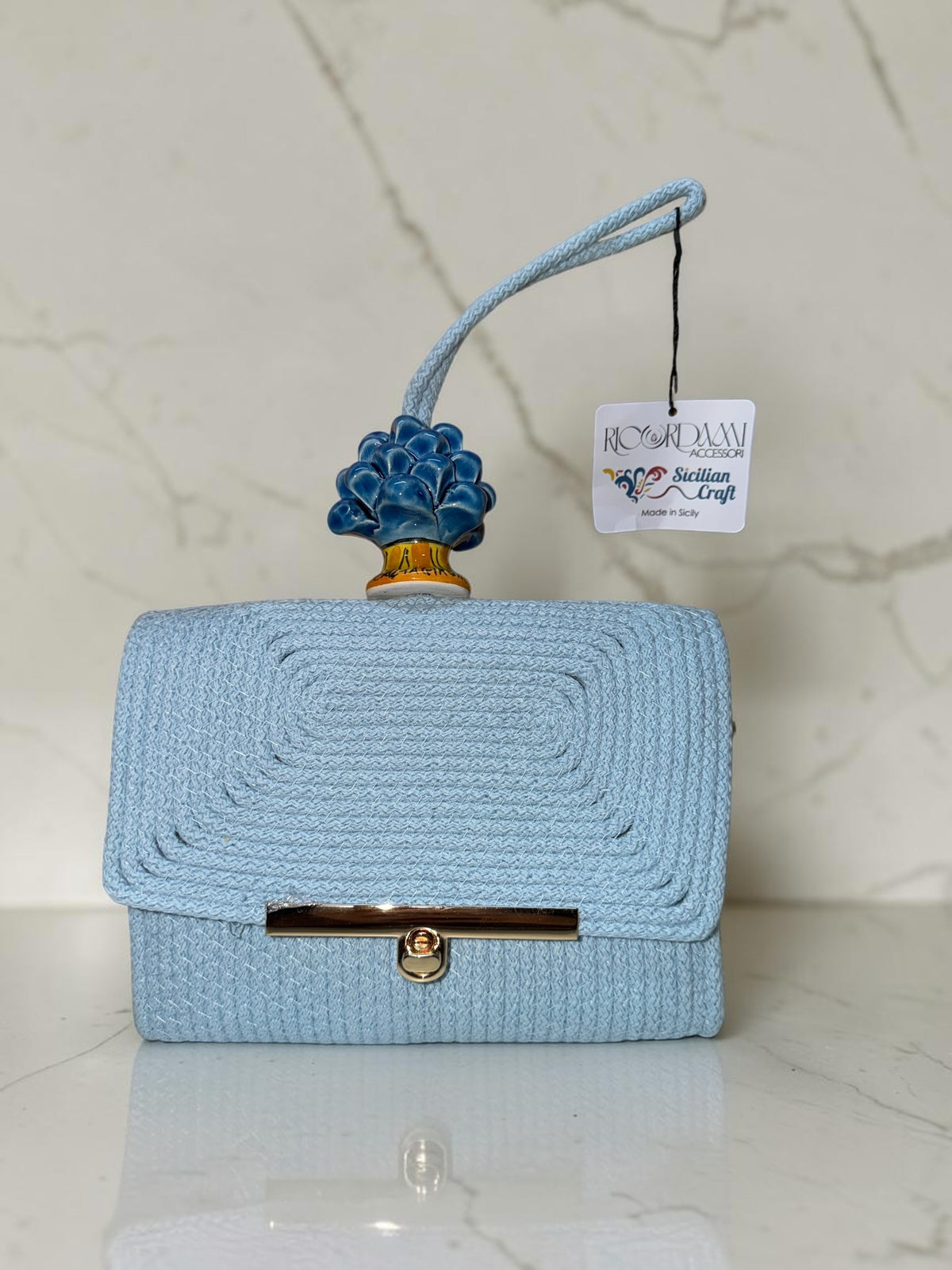 Skyline Bloom · Powder Blue Cotton Handbag with Blue Caltagirone Pine Cone