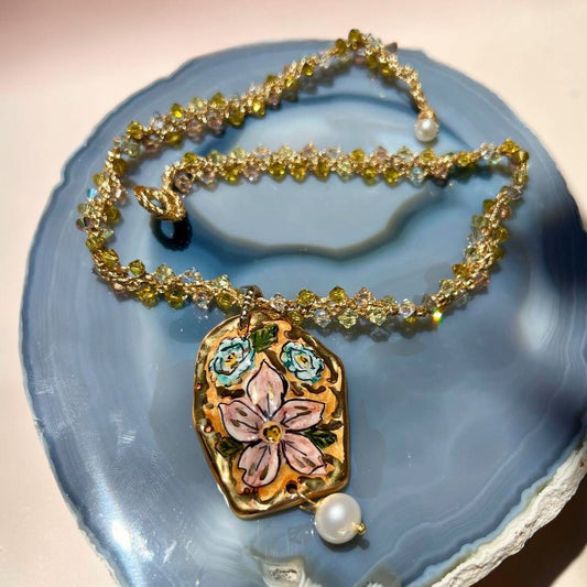 Handmade Sicilian necklace with Caltagirone ceramic floral pendant, Swarovski crystals and pearl