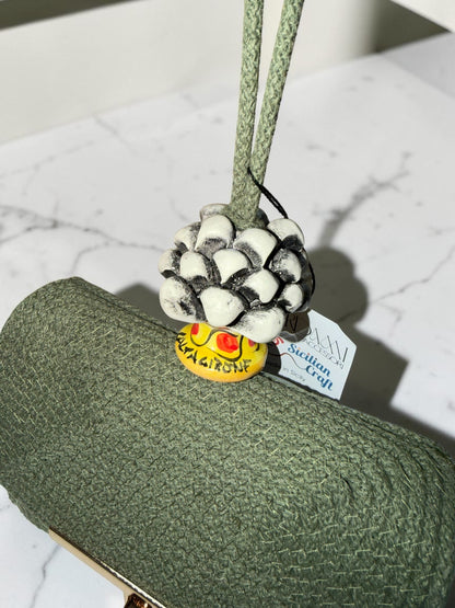 Etna Shadow · Deep Green Cotton Handbag with Black & White Caltagirone Pine Cone