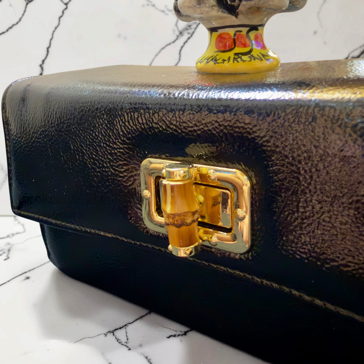 Obsidian Bloom · Caltagirone Ceramic Black Naplac Leather Handbag with Chain Strap
