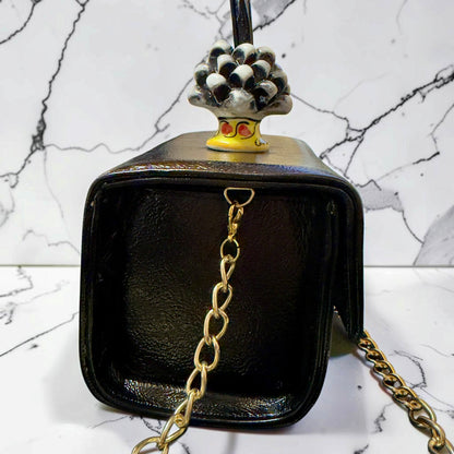Obsidian Bloom · Caltagirone Ceramic Black Naplac Leather Handbag with Chain Strap