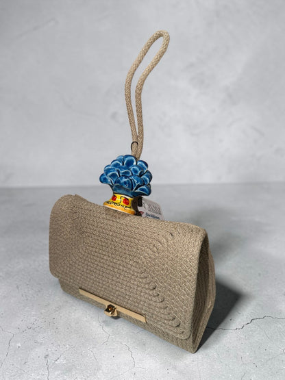 Stone Azure · Taupe Cotton Handbag with Blue Caltagirone Ceramic Pine Cone