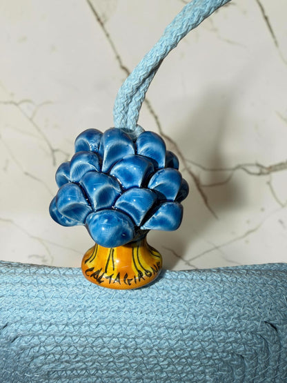 Skyline Bloom · Powder Blue Cotton Handbag with Blue Caltagirone Pine Cone