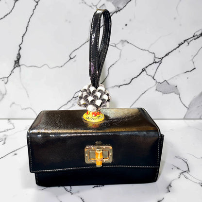 Obsidian Bloom · Caltagirone Ceramic Black Naplac Leather Handbag with Chain Strap
