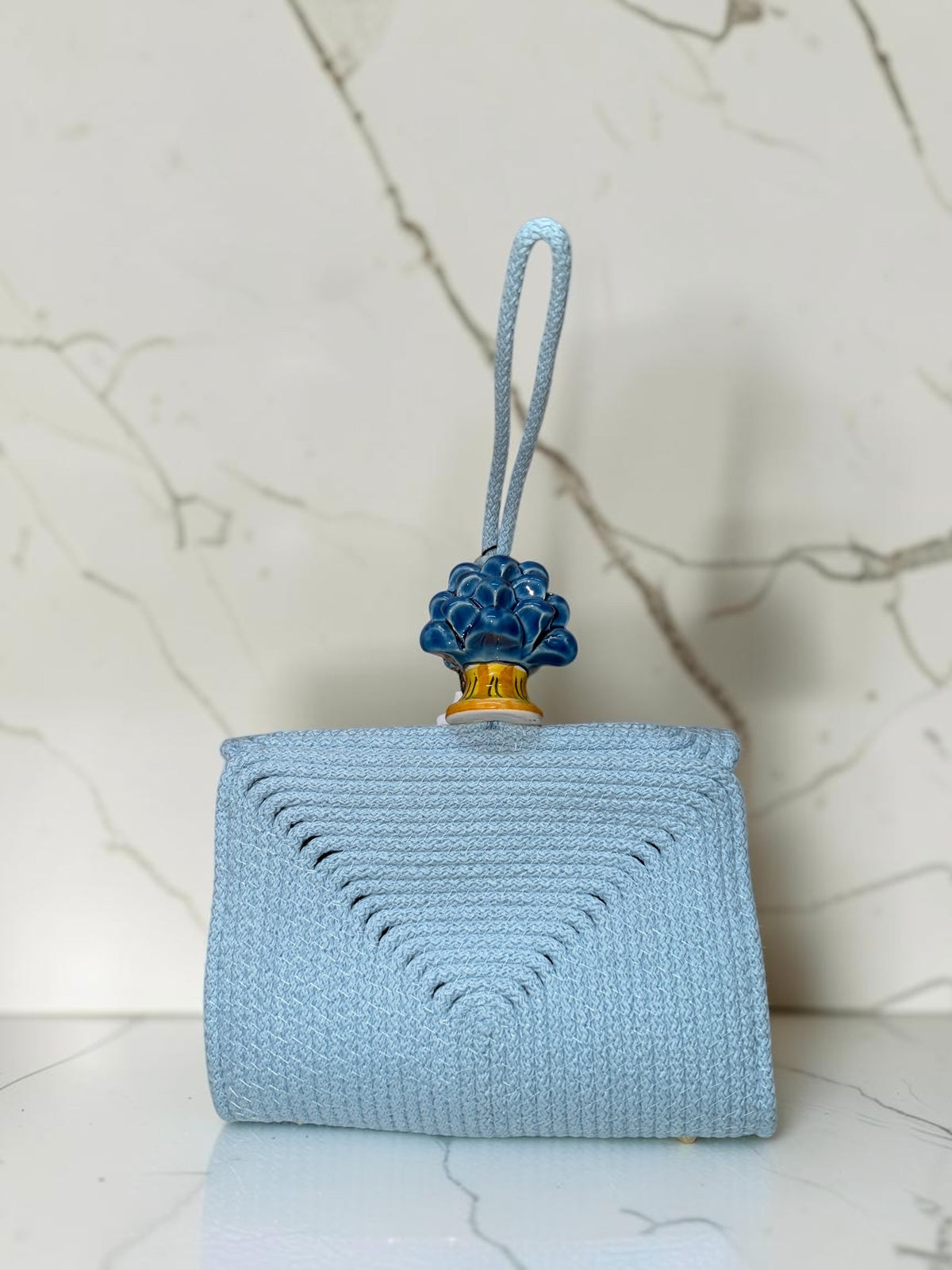 Skyline Bloom · Powder Blue Cotton Handbag with Blue Caltagirone Pine Cone