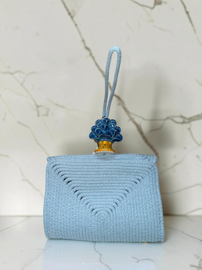 Skyline Bloom · Powder Blue Cotton Handbag with Blue Caltagirone Pine Cone