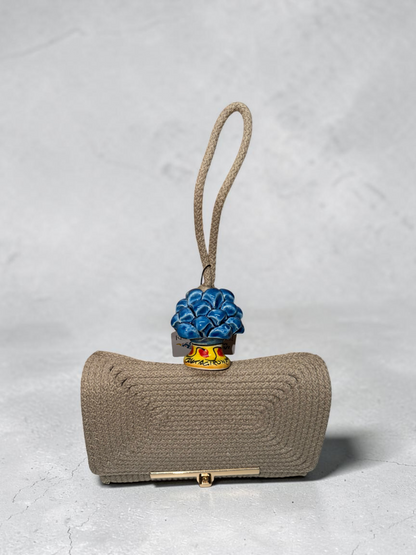 Stone Azure · Taupe Cotton Handbag with Blue Caltagirone Ceramic Pine Cone