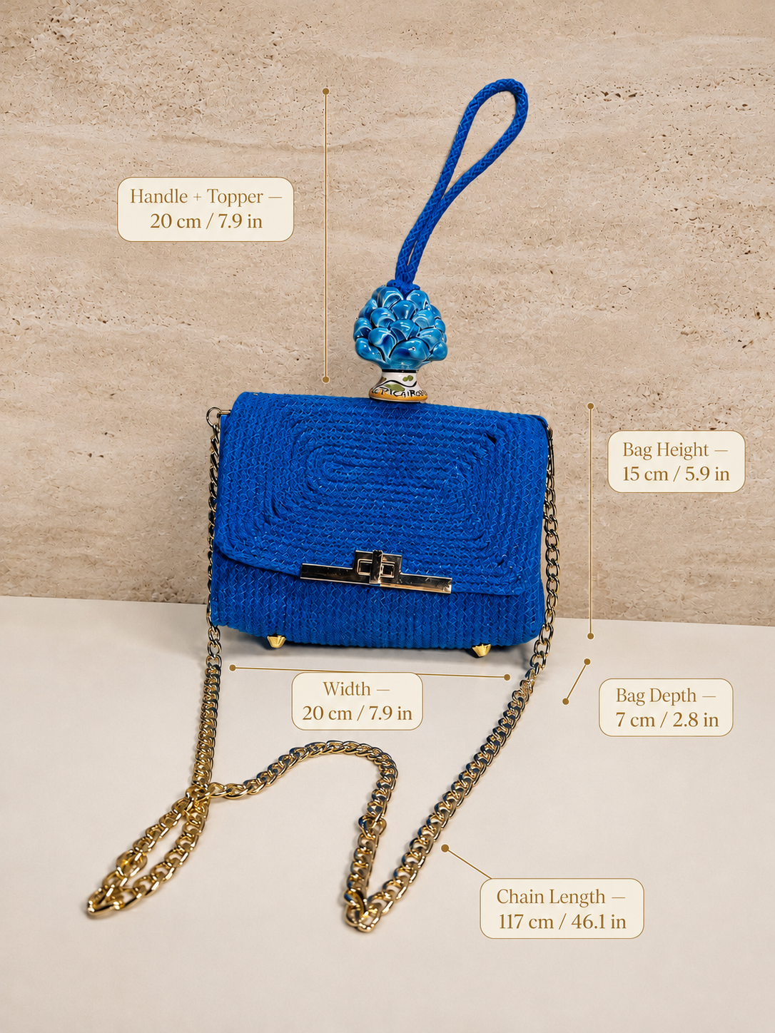 Azure Harmony · Cobalt Blue Cotton Handbag with Turquoise Caltagirone Pine Cone