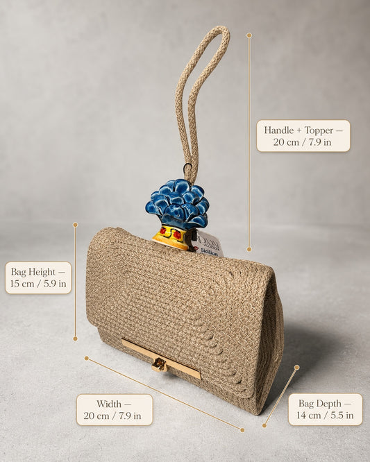Stone Azure · Taupe Cotton Handbag with Blue Caltagirone Ceramic Pine Cone