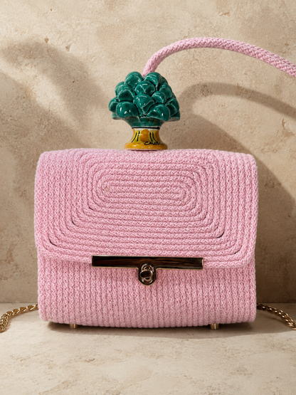 Emerald Blush · Blush Pink Cotton Handbag with Green Caltagirone Pine Cone