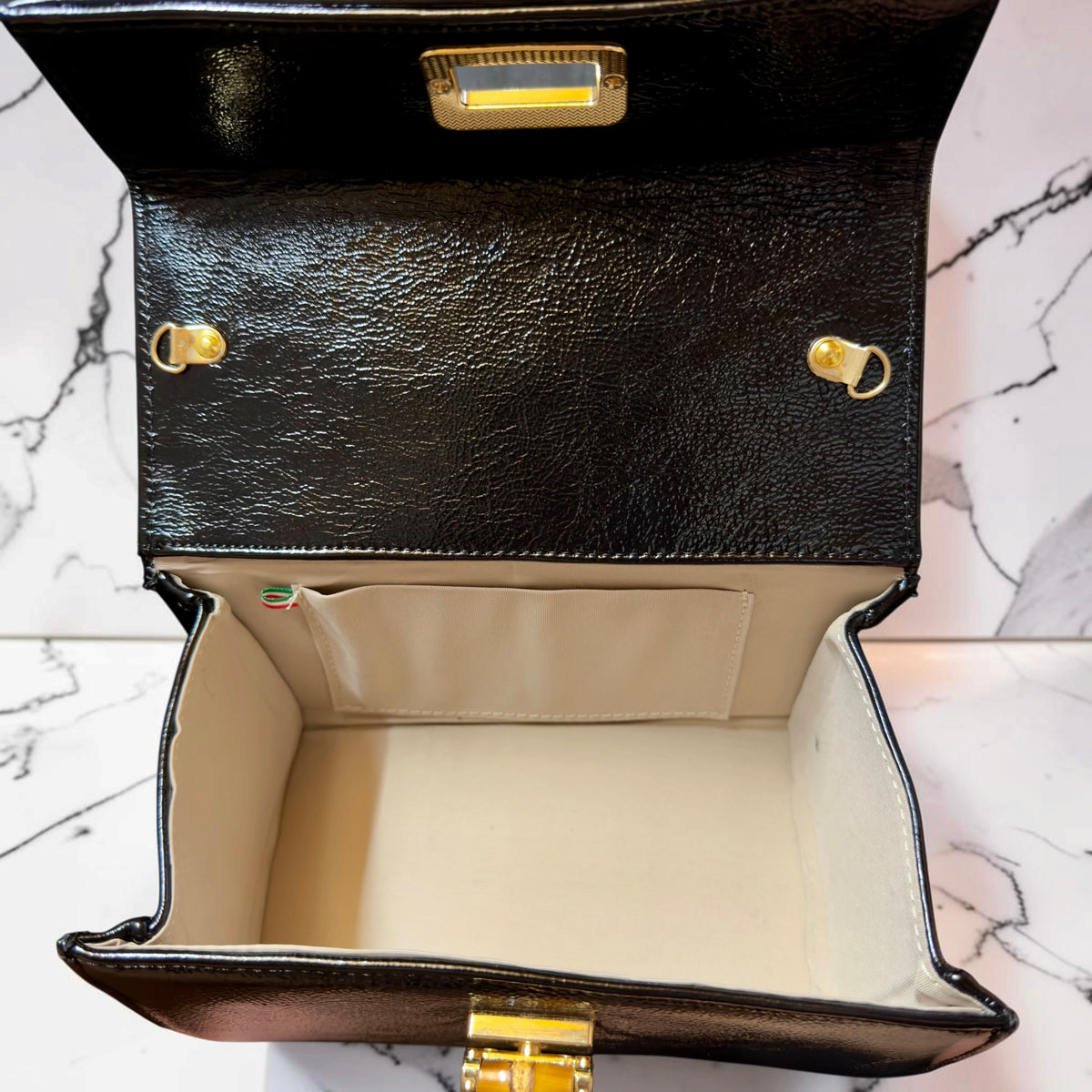Obsidian Bloom · Caltagirone Ceramic Black Naplac Leather Handbag with Chain Strap
