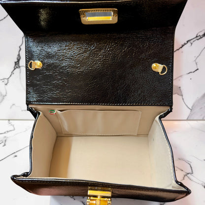 Obsidian Bloom · Caltagirone Ceramic Black Naplac Leather Handbag with Chain Strap