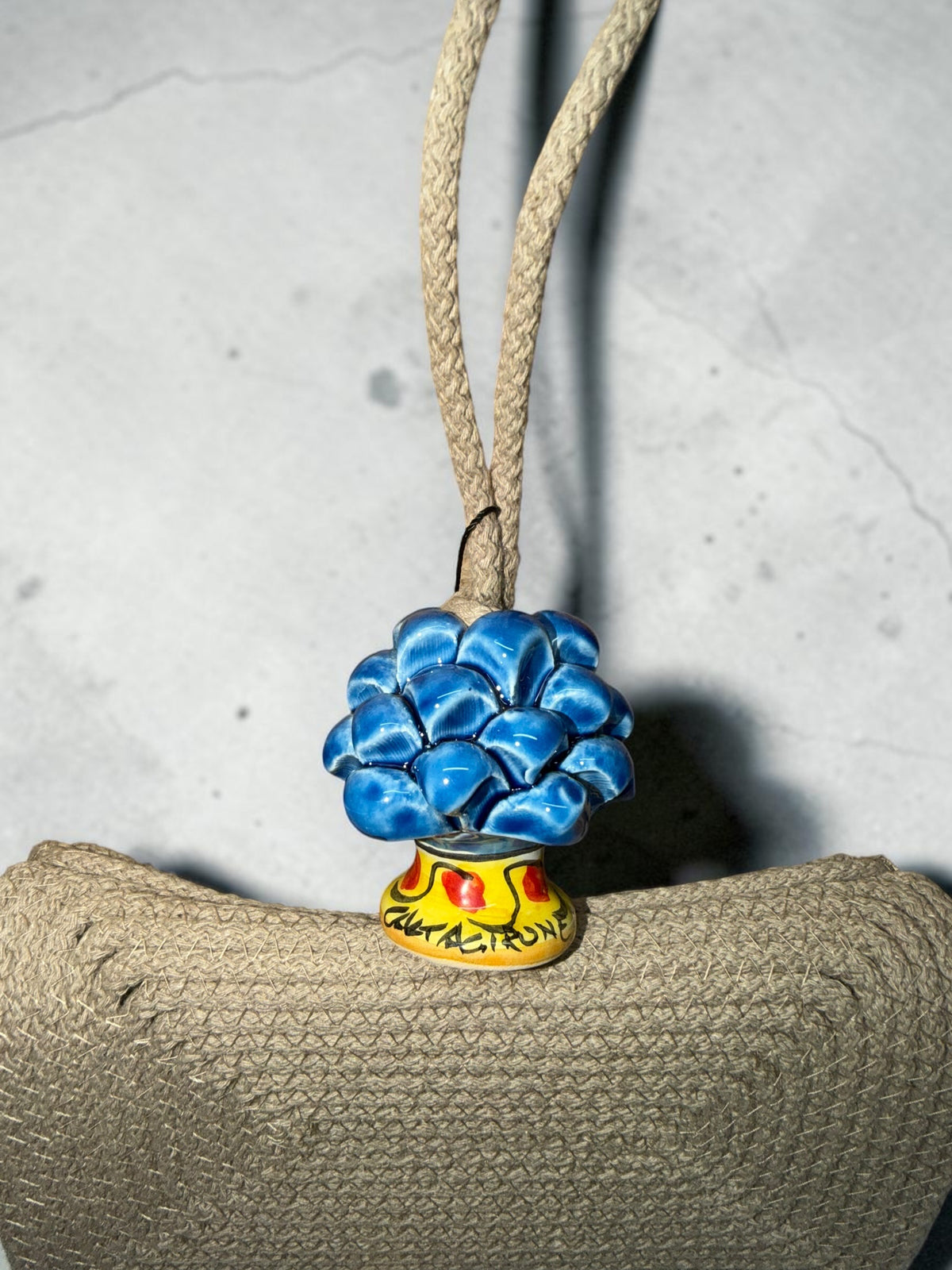 Stone Azure · Taupe Cotton Handbag with Blue Caltagirone Ceramic Pine Cone