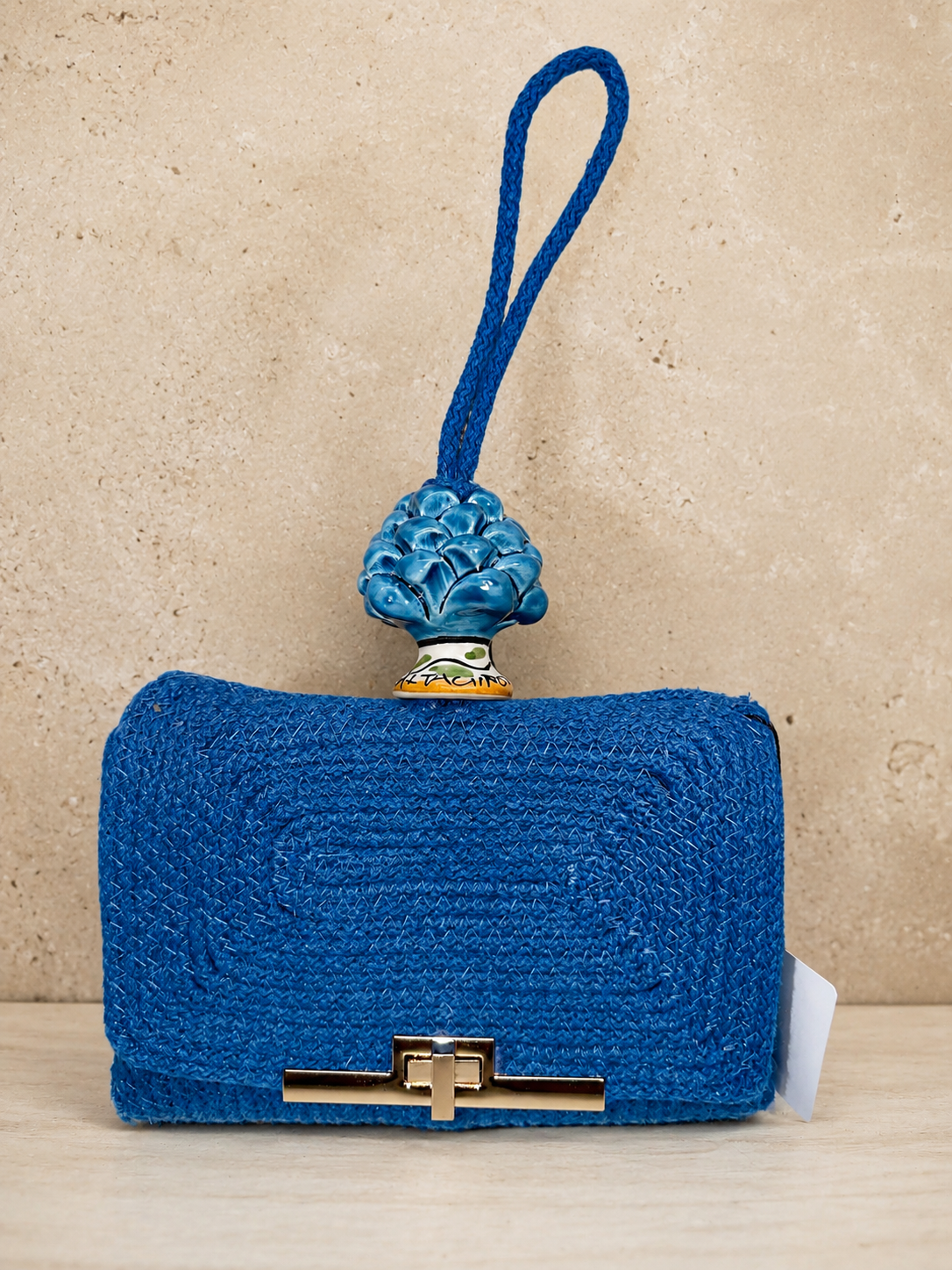 Azure Harmony · Cobalt Blue Cotton Handbag with Turquoise Caltagirone Pine Cone