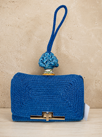 Azure Harmony · Cobalt Blue Cotton Handbag with Turquoise Caltagirone Pine Cone