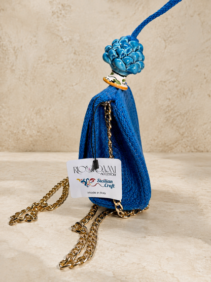 Azure Harmony · Cobalt Blue Cotton Handbag with Turquoise Caltagirone Pine Cone