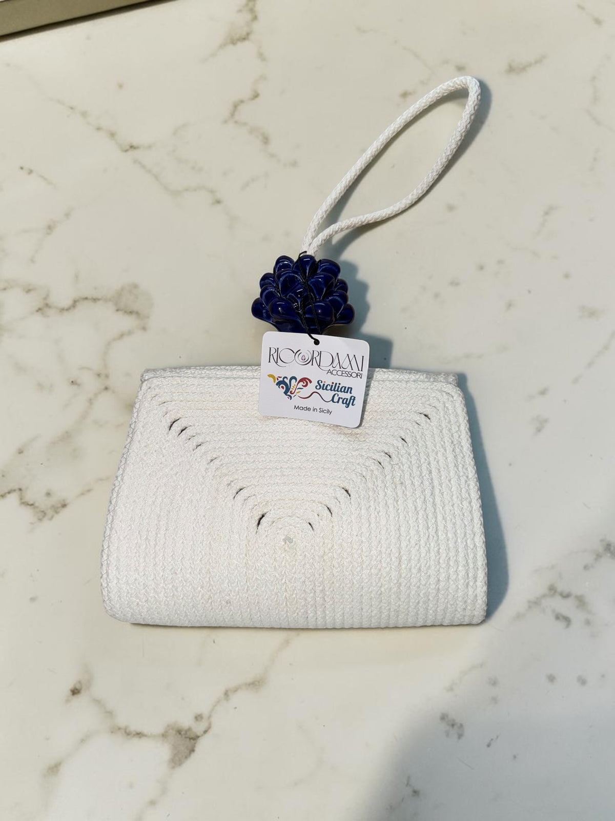 Cobalt Radiance · Ivory Cotton Handbag with Cobalt Blue Caltagirone Pine Cone