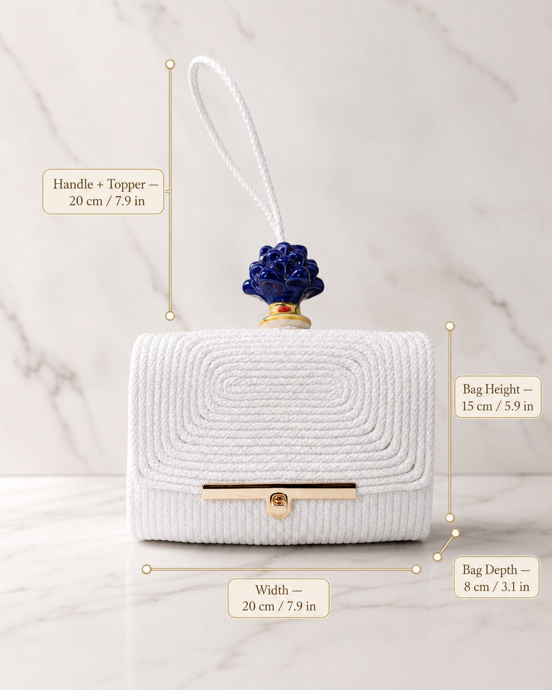 Cobalt Radiance · Ivory Cotton Handbag with Cobalt Blue Caltagirone Pine Cone
