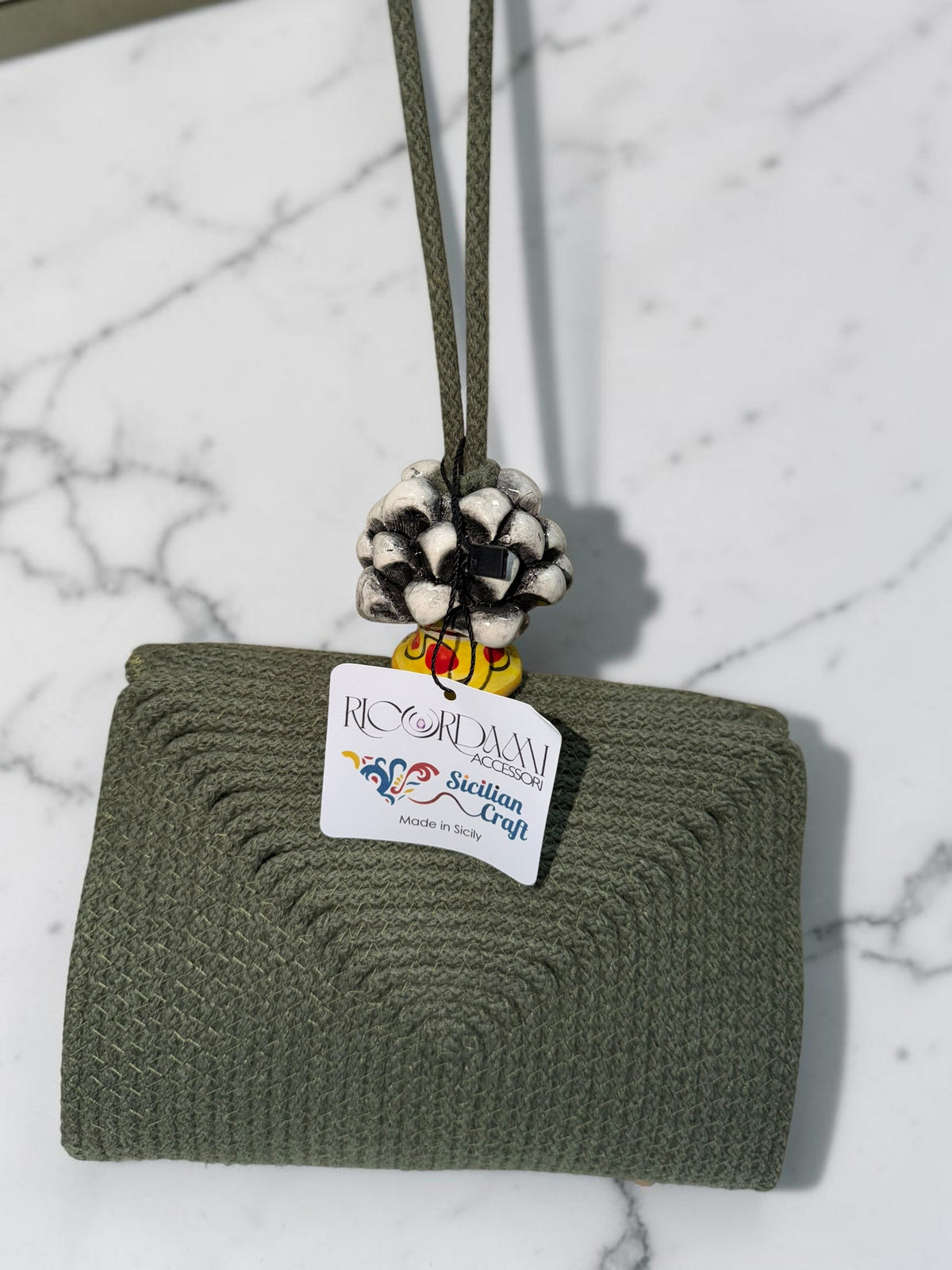 Etna Shadow · Deep Green Cotton Handbag with Black & White Caltagirone Pine Cone