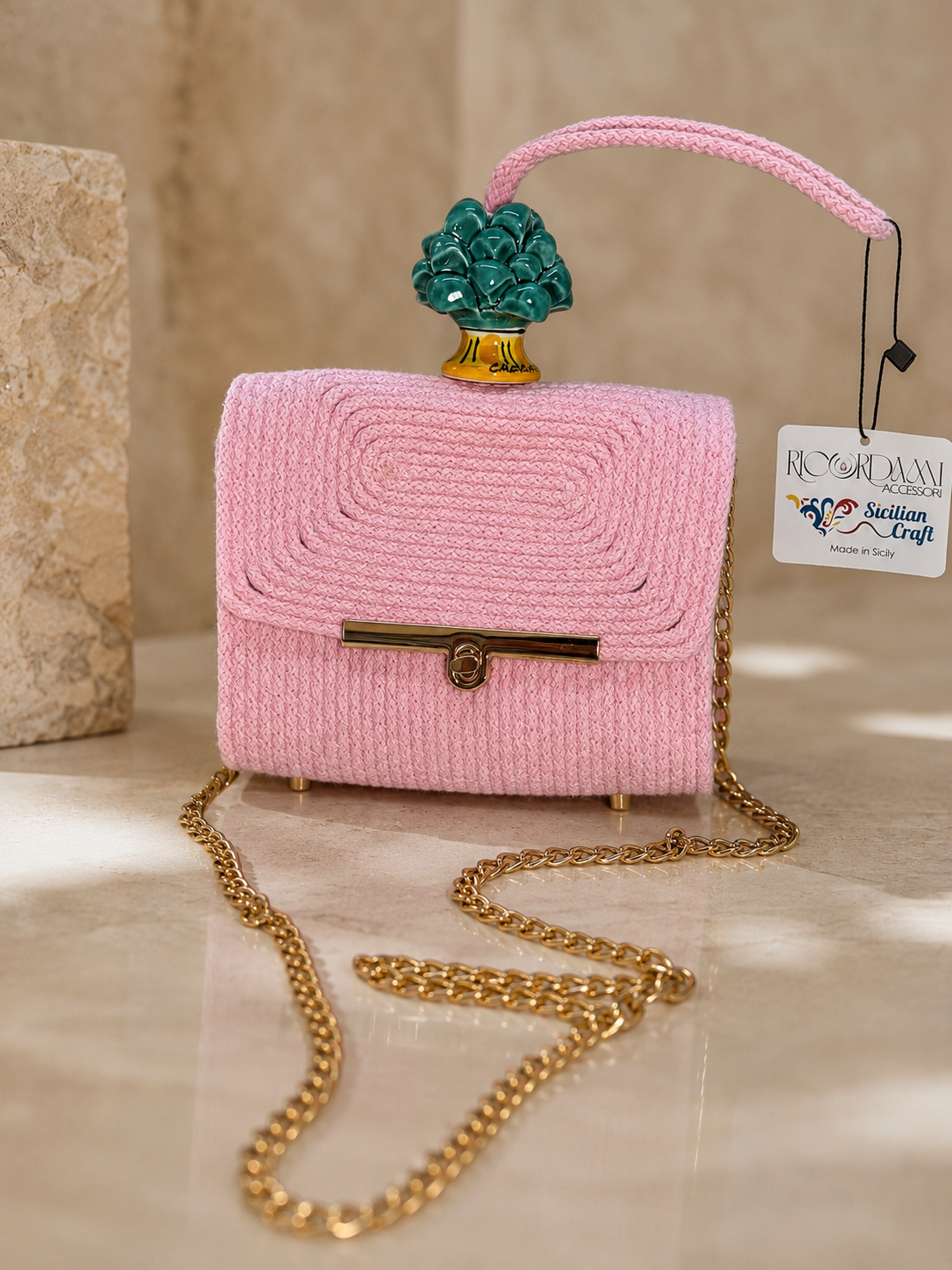 Emerald Blush · Blush Pink Cotton Handbag with Green Caltagirone Pine Cone