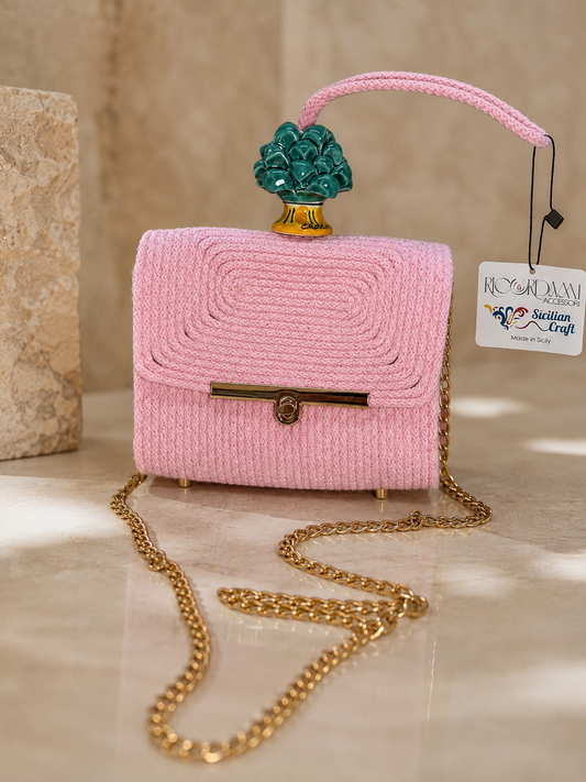 Emerald Blush · Blush Pink Cotton Handbag with Green Caltagirone Pine Cone