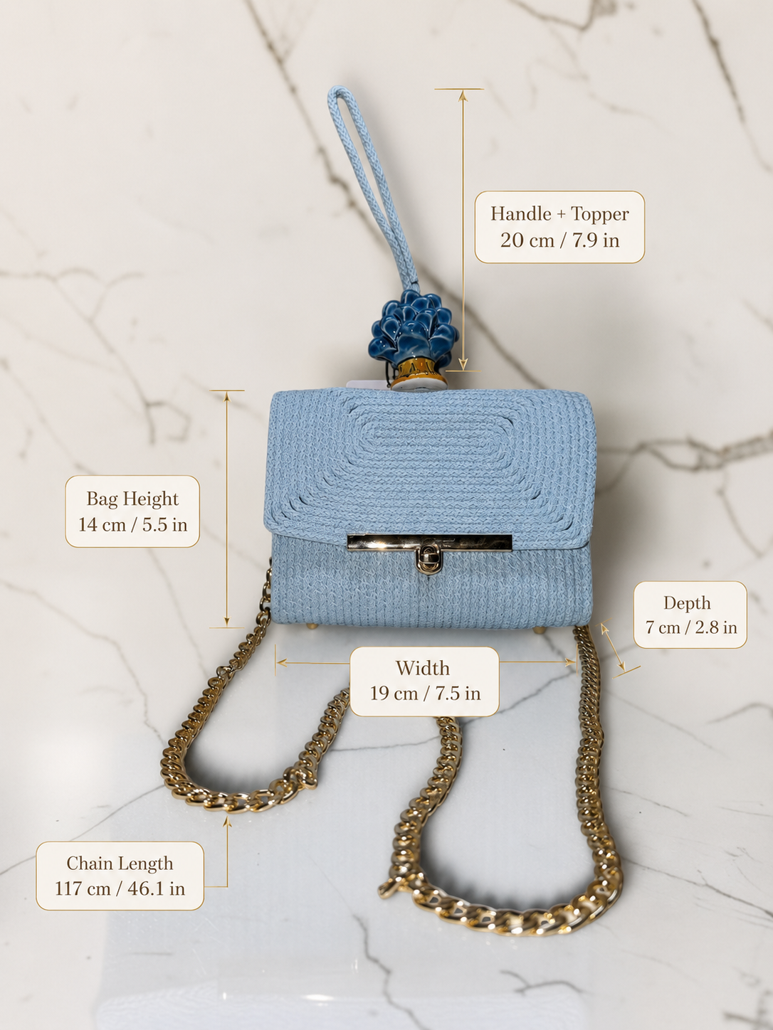 Skyline Bloom · Powder Blue Cotton Handbag with Blue Caltagirone Pine Cone