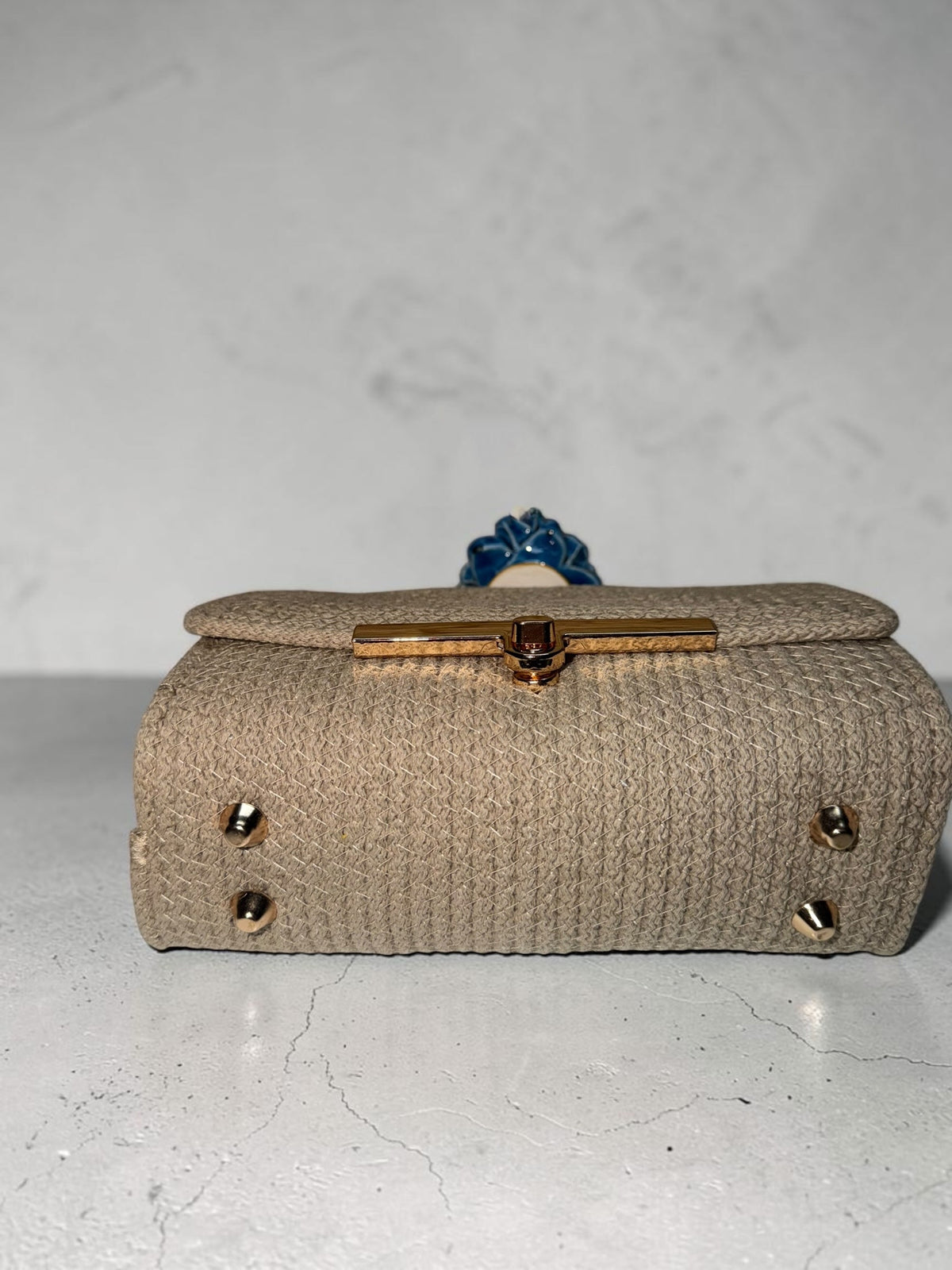 Stone Azure · Taupe Cotton Handbag with Blue Caltagirone Ceramic Pine Cone