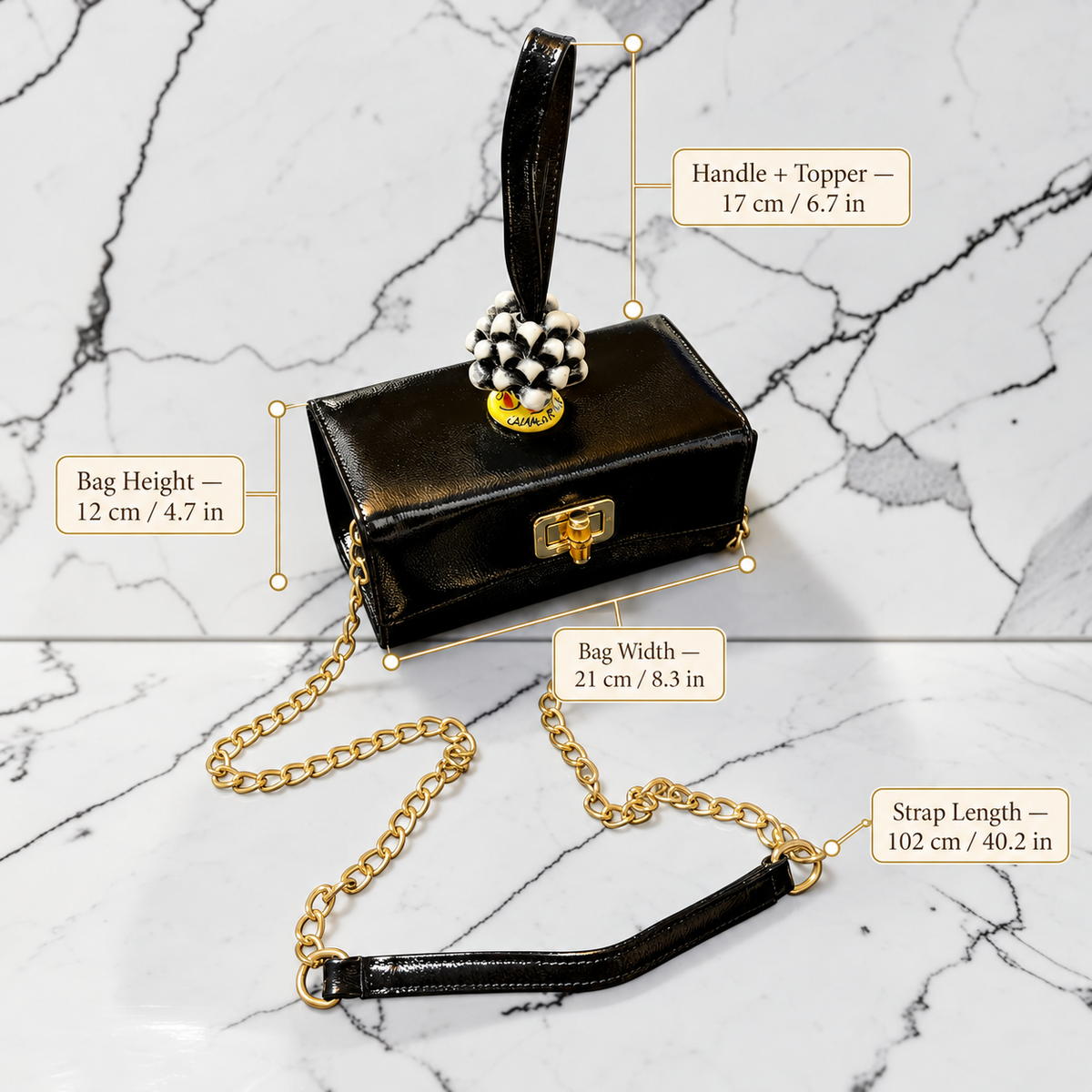Obsidian Bloom · Caltagirone Ceramic Black Naplac Leather Handbag with Chain Strap